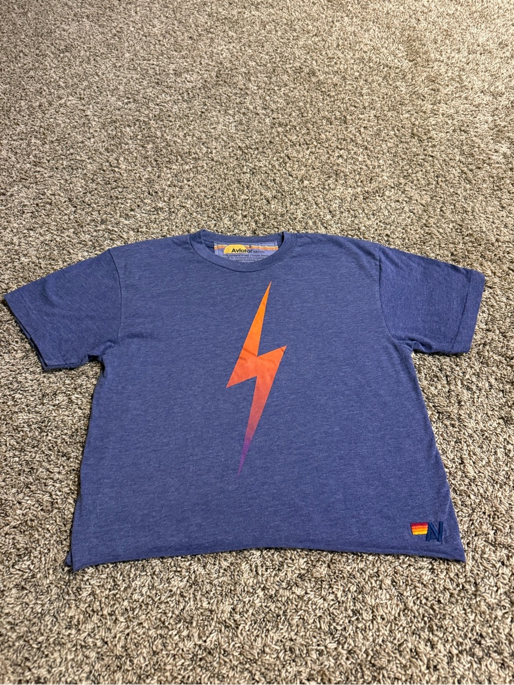 Aviator Nation Blue Tee with Orange-Purple Lightning Bolt